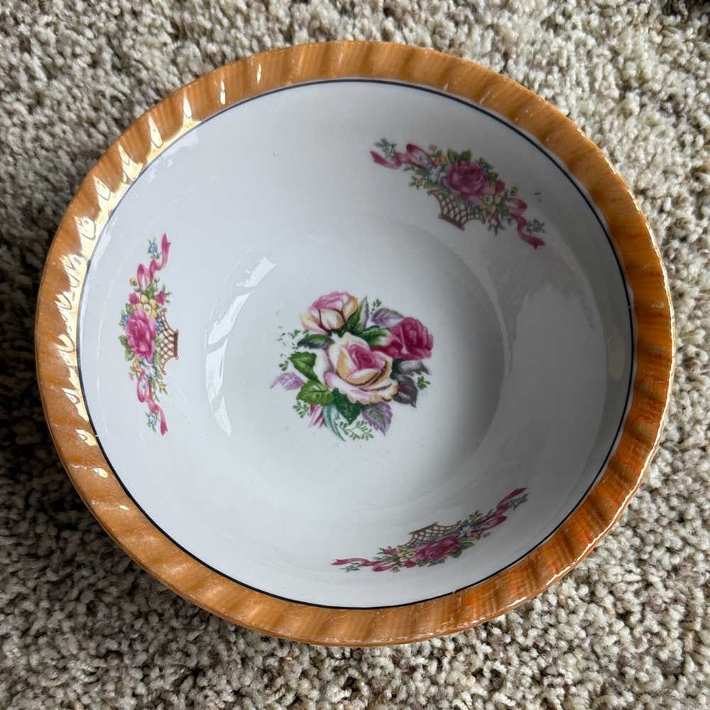 Charming Floral Ceramic Bowl with Orange Trim